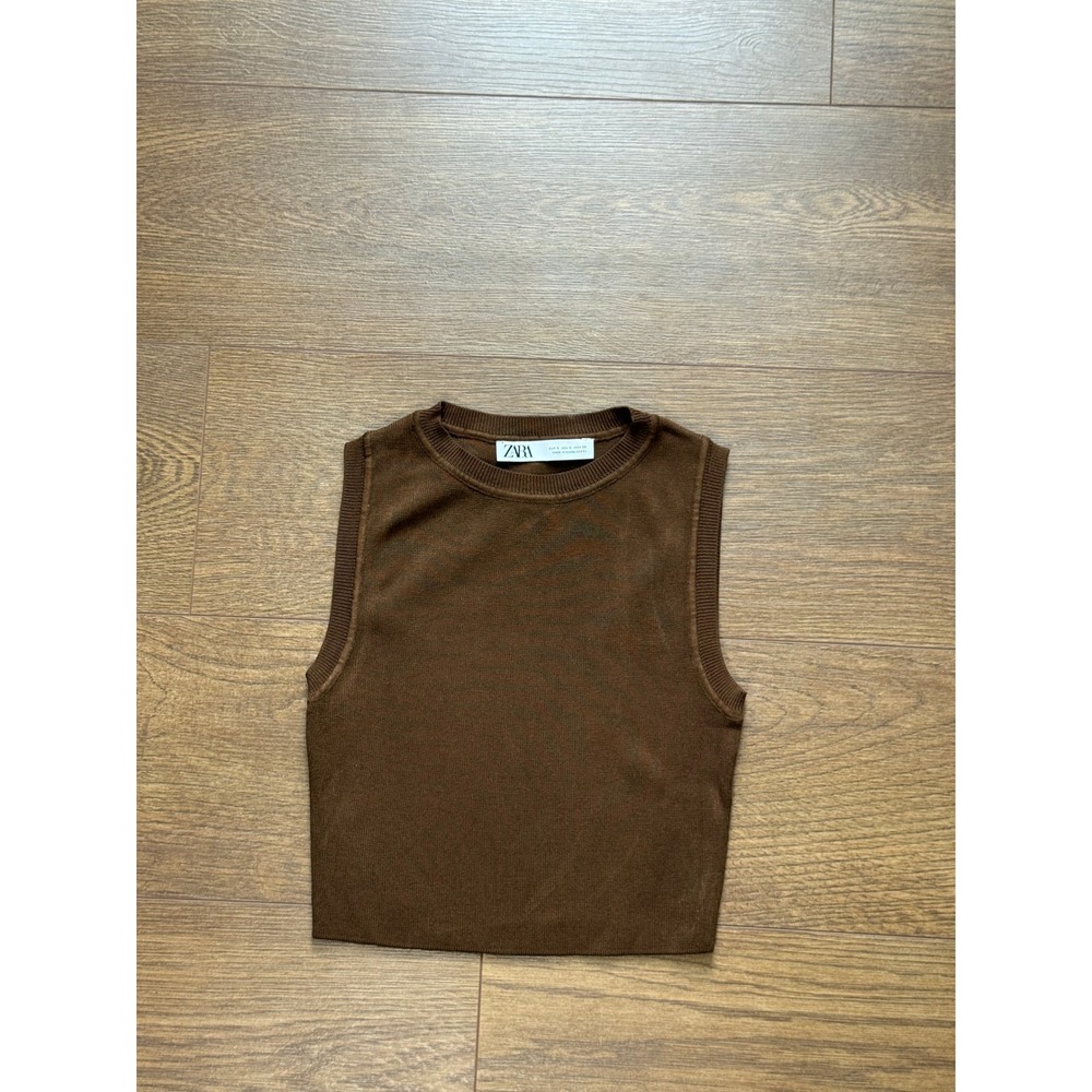 Zara Brown Knit Sleeveless Crop Top Crew Neck Ribbed Trim Size S